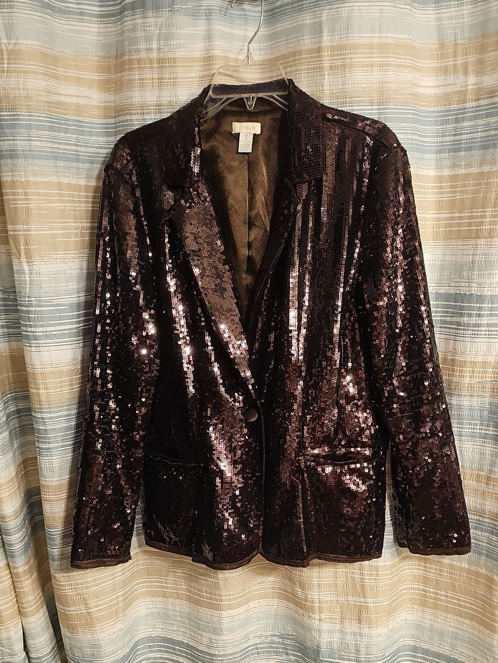 Chico's "Shining Tuxe" Sheron Sequin Blazer In Dark Chocolate Brown/Timberglass